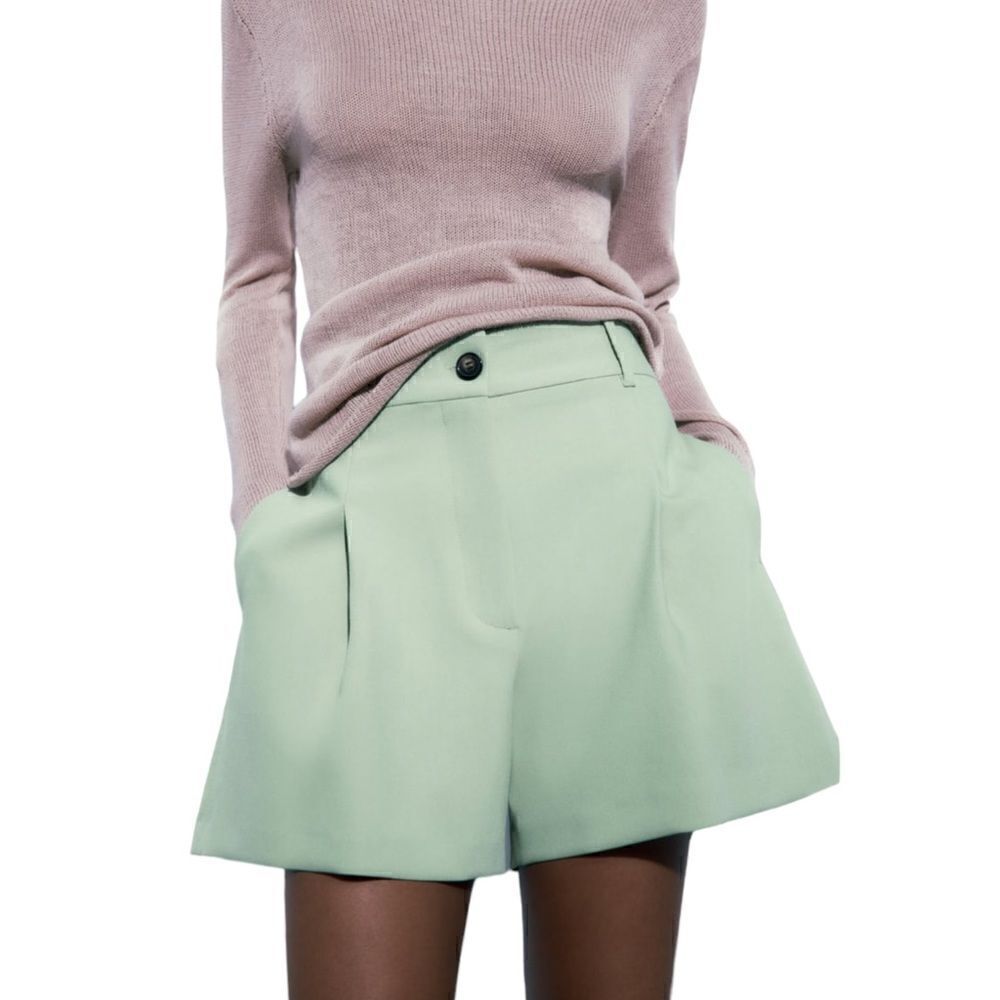 ZARA Light Green High Rise Pleated Shorts NWT Size S XL - Picture 6 of 15